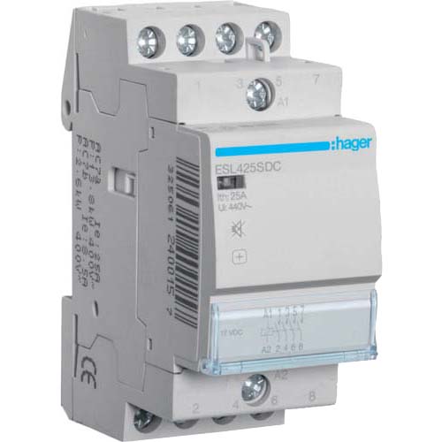 Контактор Hager / 12V DC / 25A / 4НО / 2 мод / малошумный / ESL425SDC