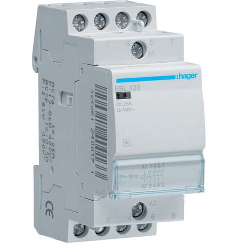 Контактор Hager / 12V AC / 25A / 4НО / 2 мод / ESL425